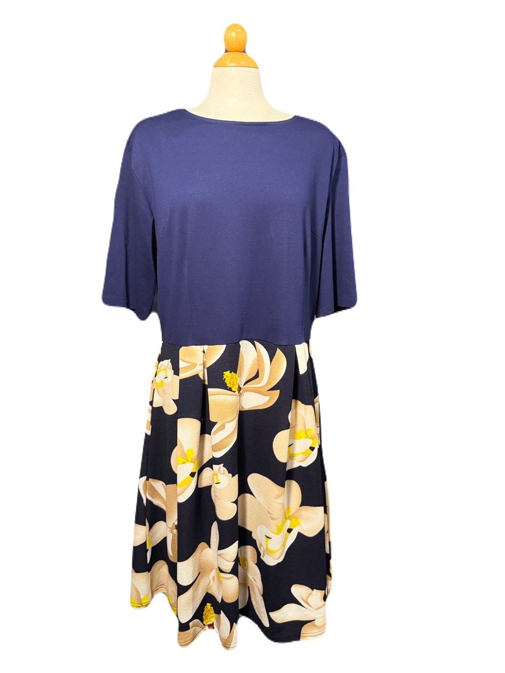 Navy Floral Midi Dress with Cream Bloom Skirt